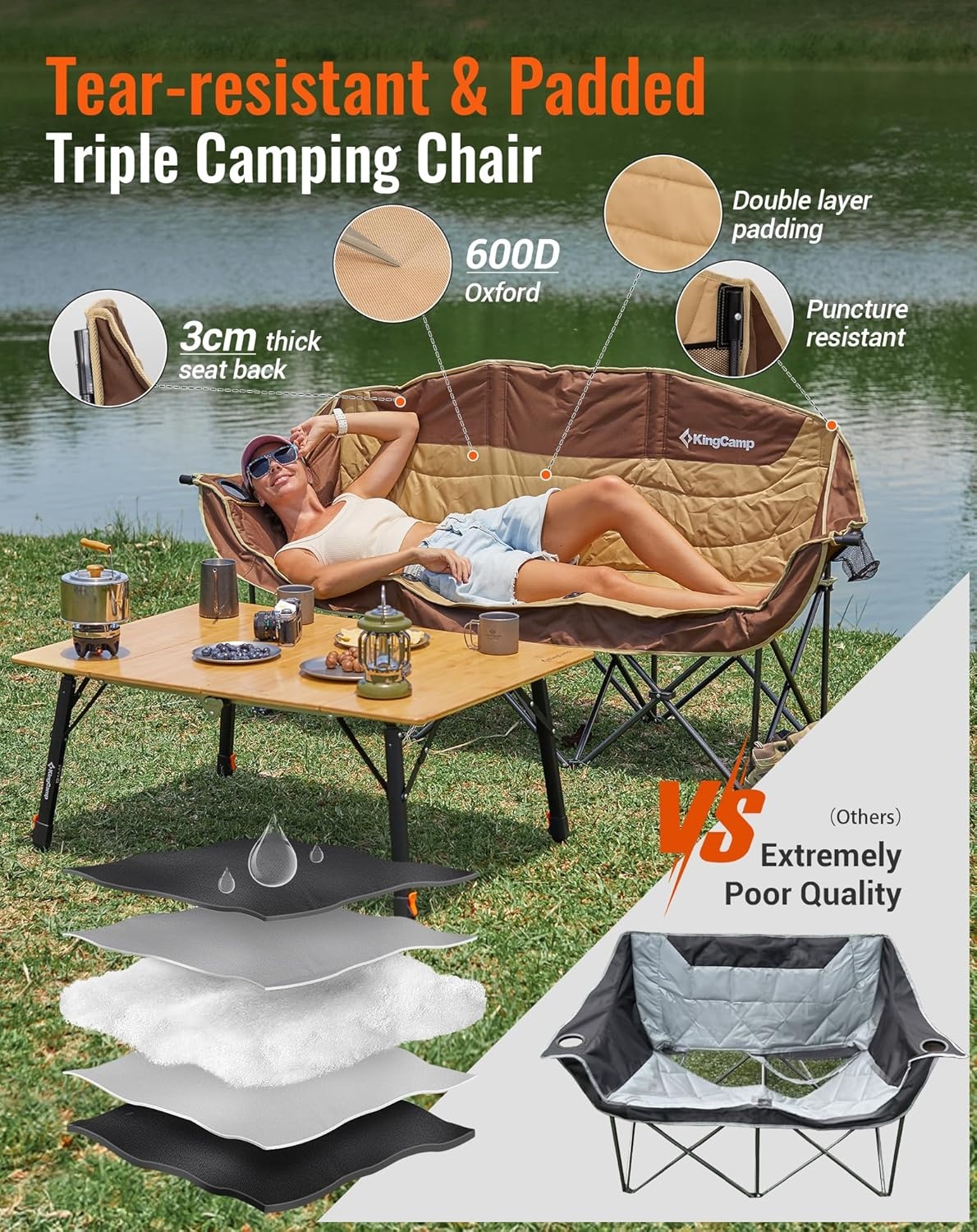 KingCamp Dubbele Campingstoel Khaki - 3 Personen, 450 kg draagvermogen, opvouwbaar