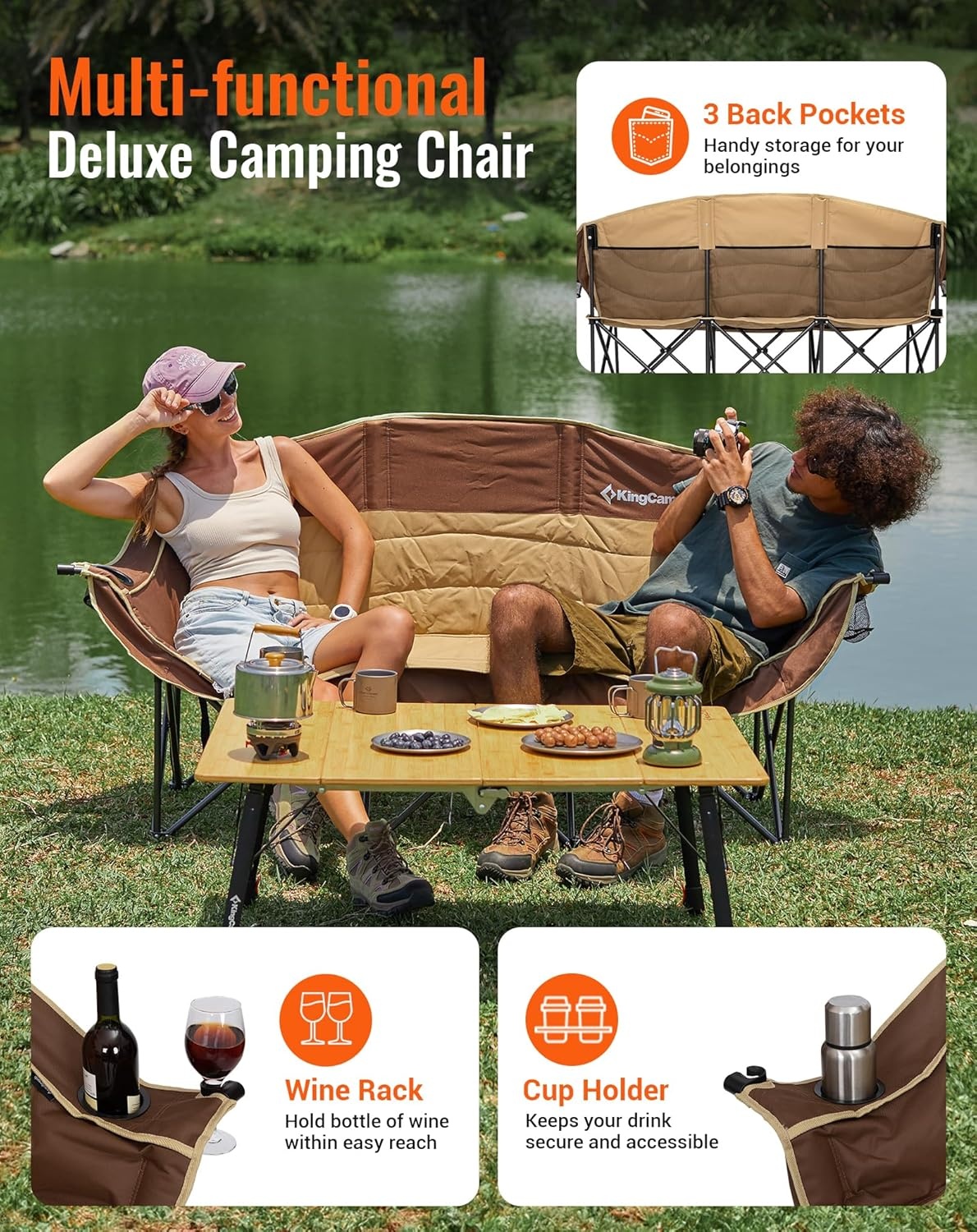 KingCamp Dubbele Campingstoel Khaki - 3 Personen, 450 kg draagvermogen, opvouwbaar