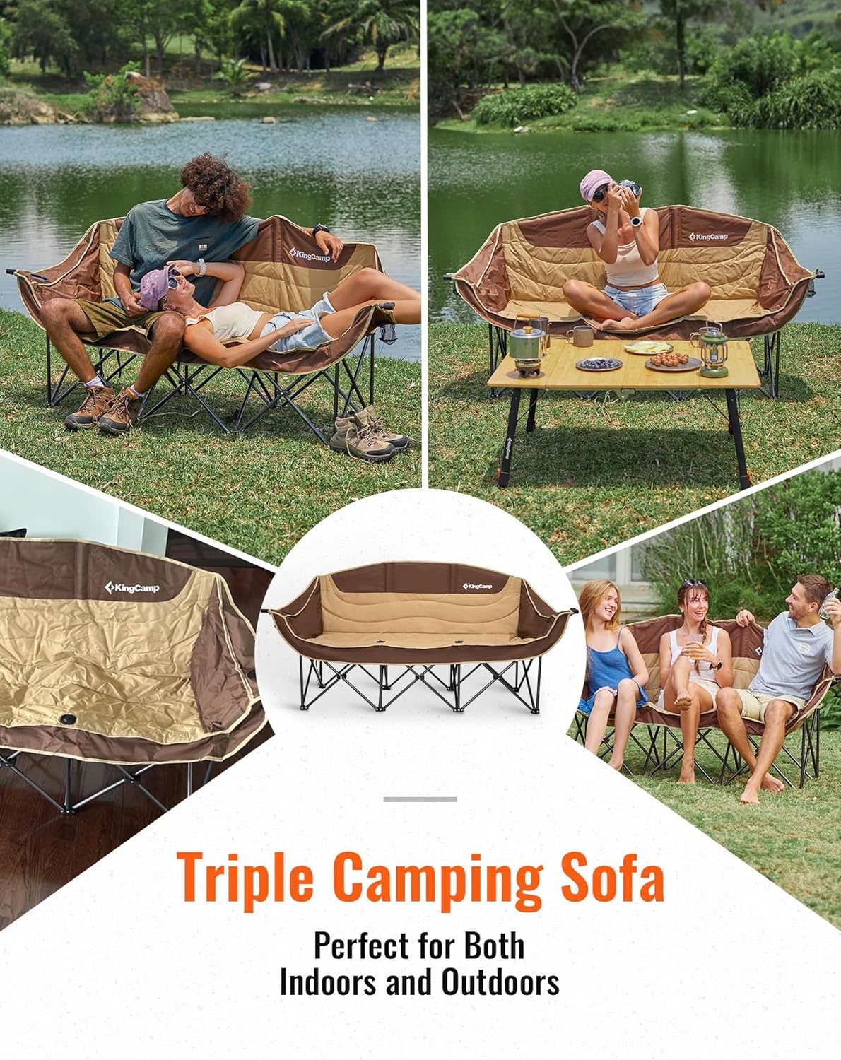 KingCamp Dubbele Campingstoel Khaki - 3 Personen, 450 kg draagvermogen, opvouwbaar