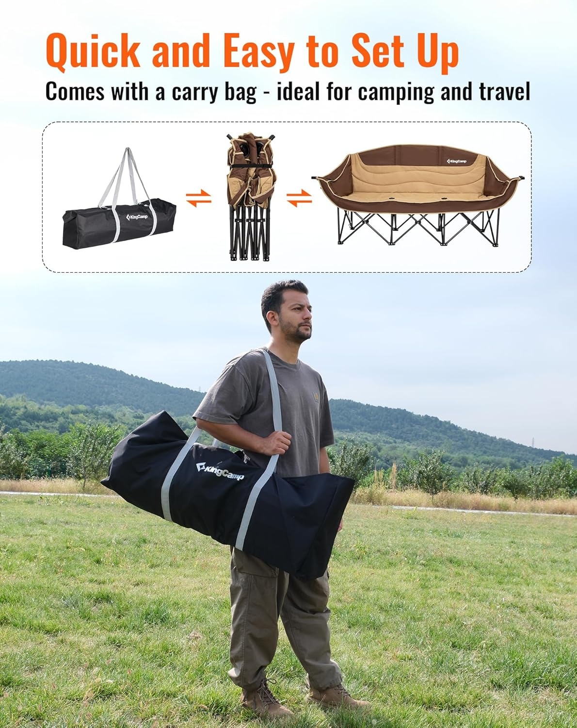 KingCamp Dubbele Campingstoel Khaki - 3 Personen, 450 kg draagvermogen, opvouwbaar