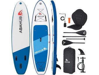 Abahub Opblaasbaar SUP Board 320x78x15cm, Blauw/Groen/Oranje met Verstelbare Aluminium Peddel en Kajakstoel