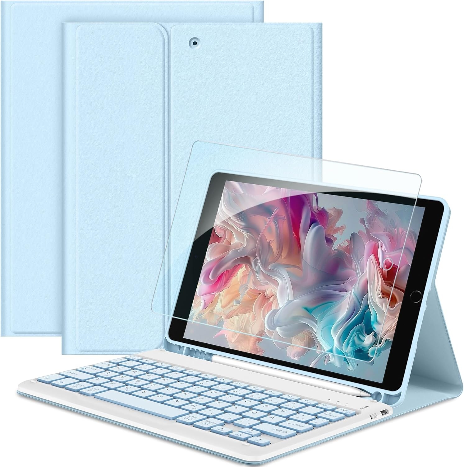 EasyAcc iPad 10.2" Toetsenbord Hoes (QWERTZ) - Wit IJsblauw (51% KORTING)