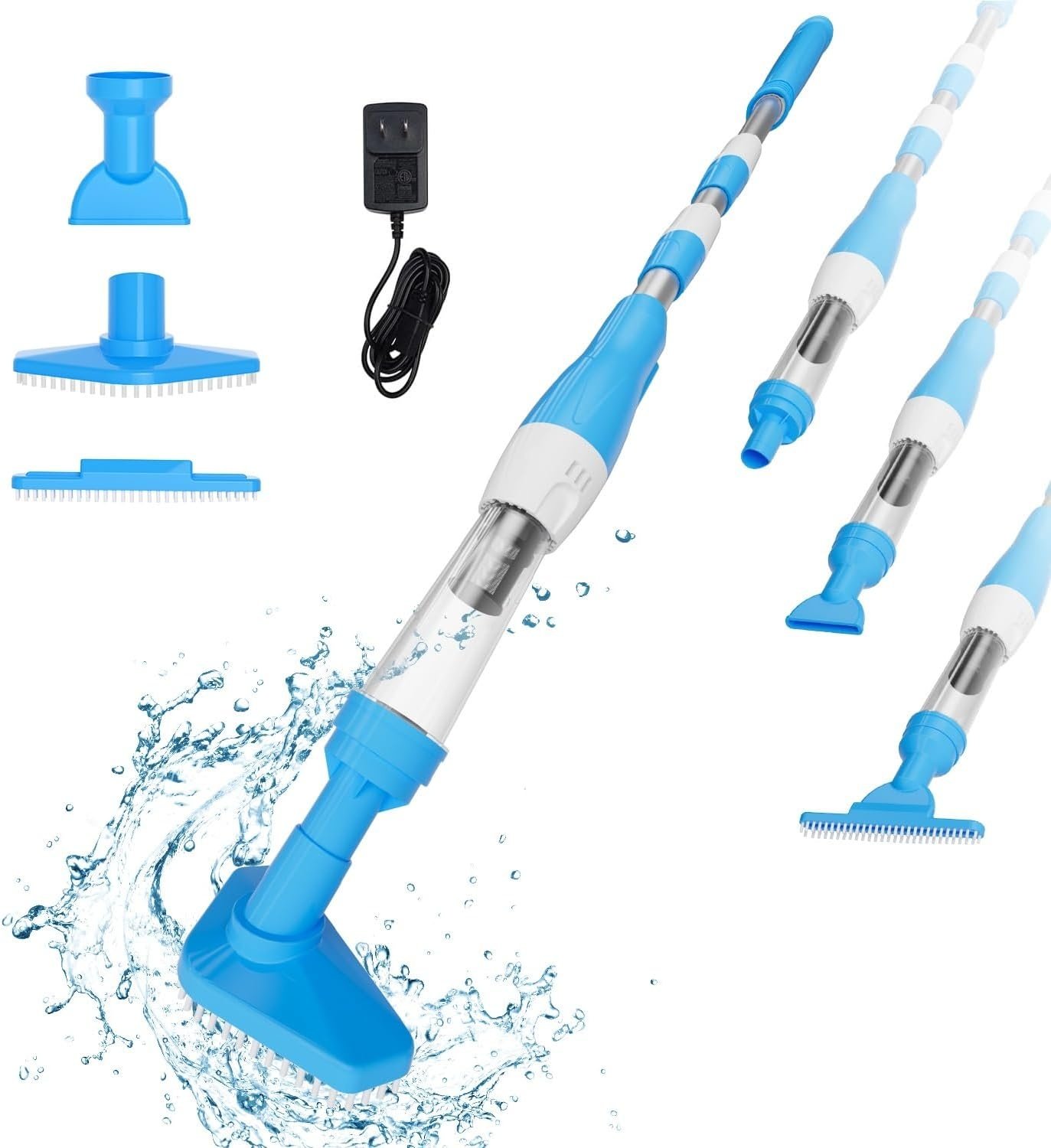 Zwembadzuiger met Accu, 3-in-1 Zwembadreiniger Draadloze, Zwembadstofzuiger met Topische Stang, Handstofzuiger voor Kleine Zwembaden, Spa's, Bubbelbaden, 90-Minuten Looptijd, Blauw