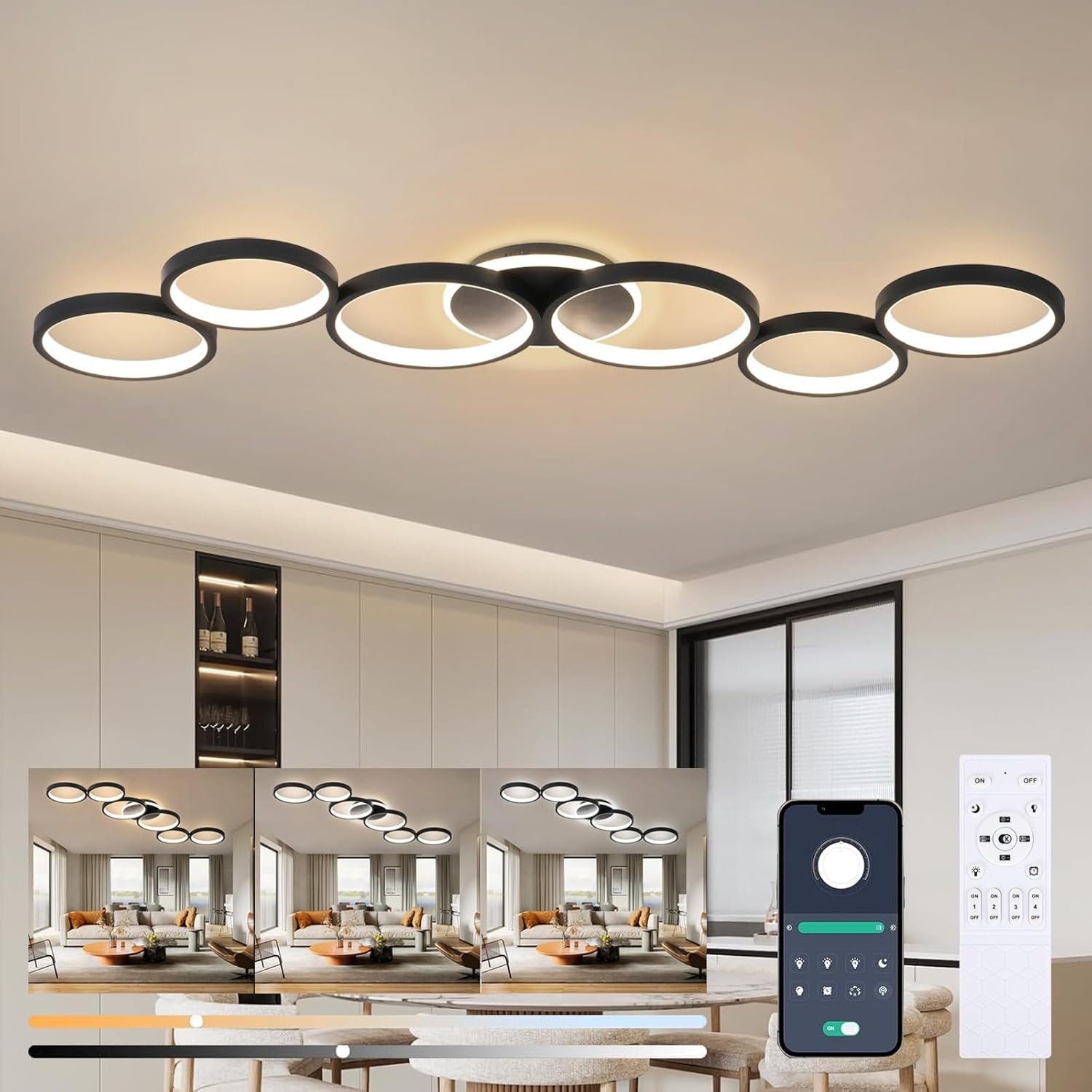 LED Plafondlamp Dimbaar Woonkamer Plafondlamp Zwart Woonkamer Lamp Slaapkamer Lamp Afstandsbediening en APP, Moderne 6-Rings Ronde Plafondverlichting met Geheugenfunctie, L113cm/69W