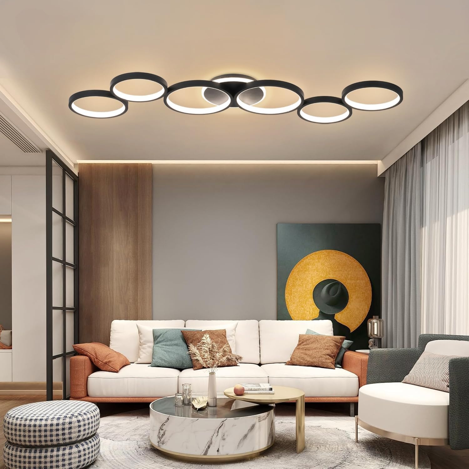 LED Plafondlamp Dimbaar Woonkamer Plafondlamp Zwart Woonkamer Lamp Slaapkamer Lamp Afstandsbediening en APP, Moderne 6-Rings Ronde Plafondverlichting met Geheugenfunctie, L113cm/69W