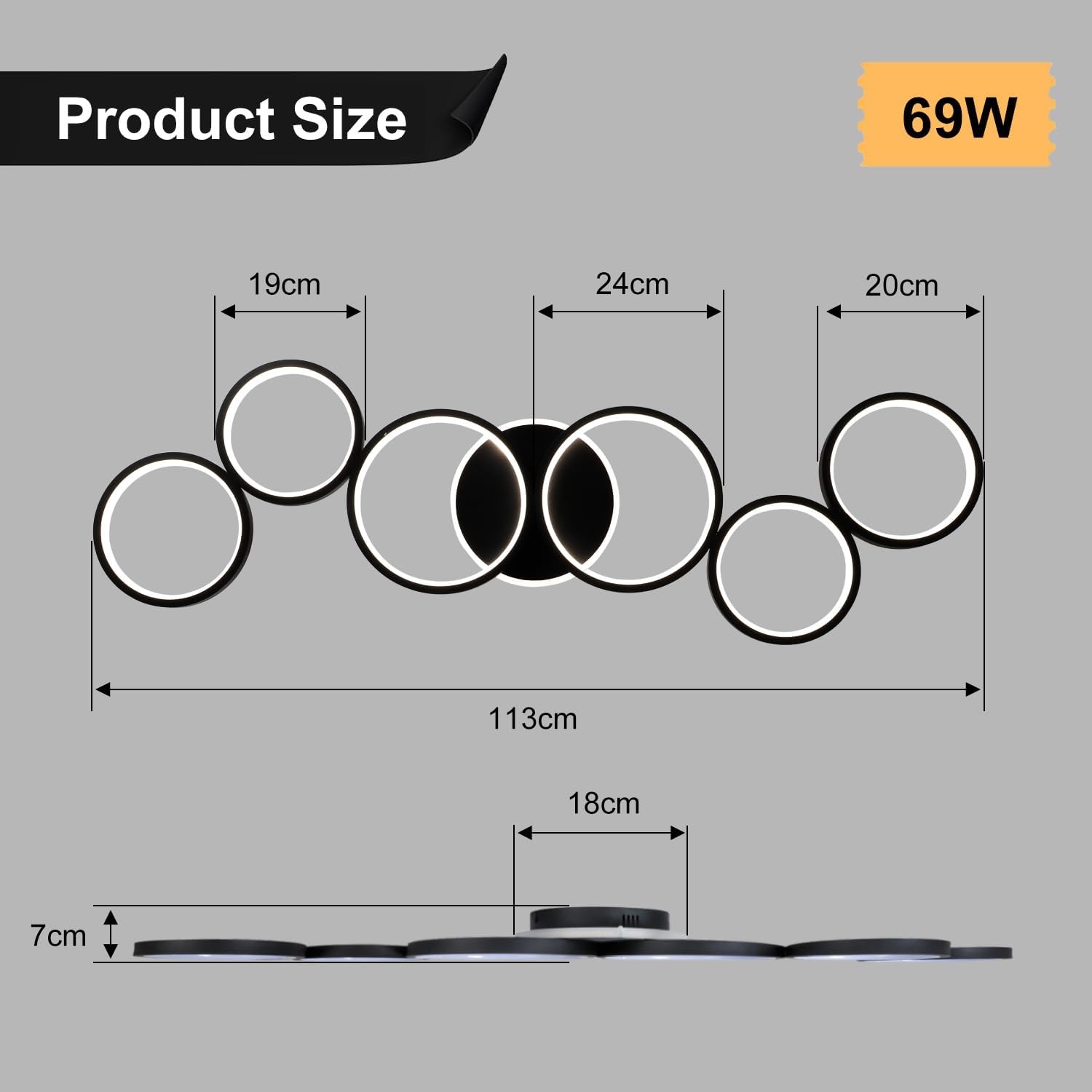 LED Plafondlamp Dimbaar Woonkamer Plafondlamp Zwart Woonkamer Lamp Slaapkamer Lamp Afstandsbediening en APP, Moderne 6-Rings Ronde Plafondverlichting met Geheugenfunctie, L113cm/69W
