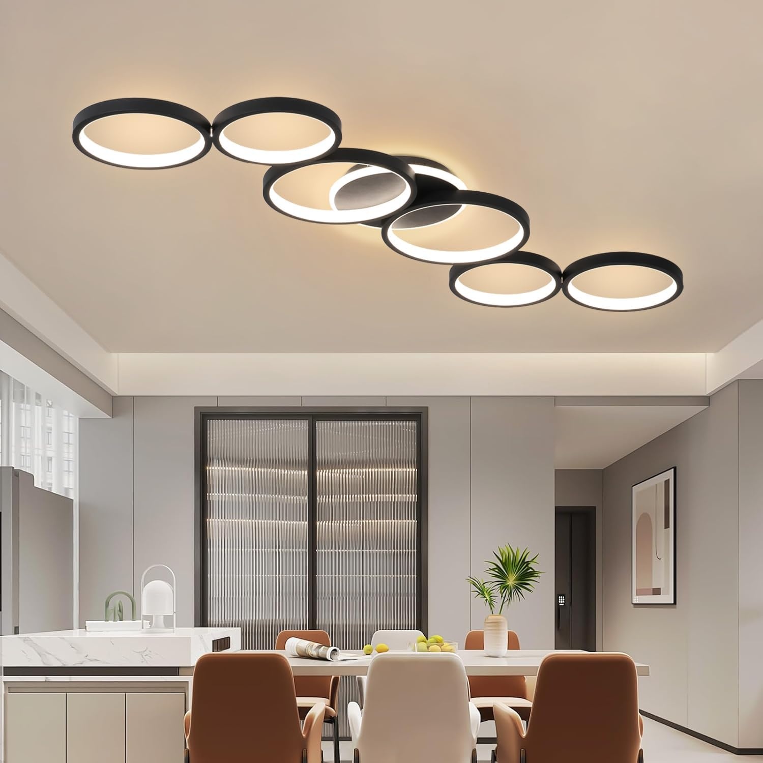 LED Plafondlamp Dimbaar Woonkamer Plafondlamp Zwart Woonkamer Lamp Slaapkamer Lamp Afstandsbediening en APP, Moderne 6-Rings Ronde Plafondverlichting met Geheugenfunctie, L113cm/69W