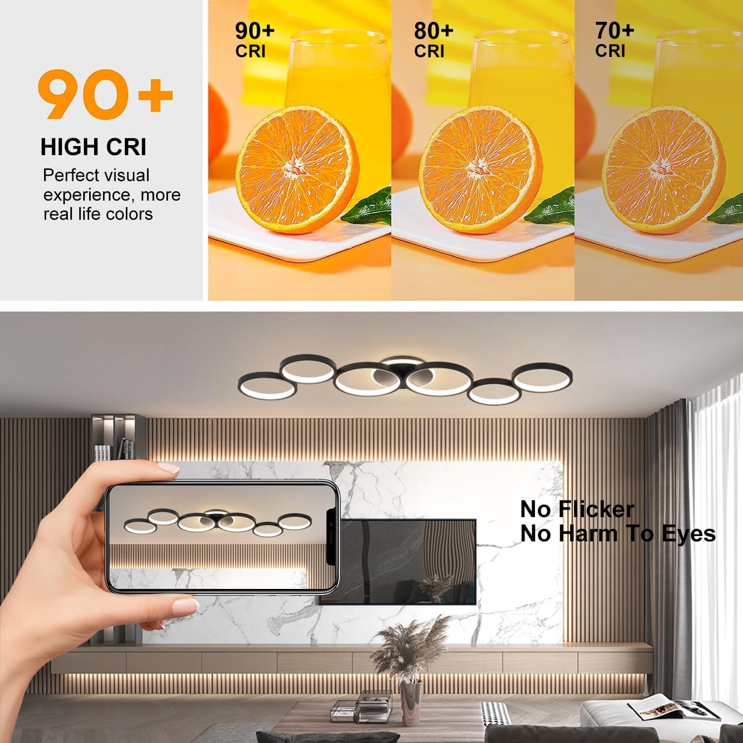 LED Plafondlamp Dimbaar Woonkamer Plafondlamp Zwart Woonkamer Lamp Slaapkamer Lamp Afstandsbediening en APP, Moderne 6-Rings Ronde Plafondverlichting met Geheugenfunctie, L113cm/69W