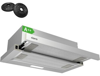 CIARRA AWS6906D A++ platte afzuigkap, afzuigkap, 60 cm convectie, 370 m³/uur, met CBCF002X2 actieve koolfilter, geïntegreerde platte inbouw, afzuigkap, zilver