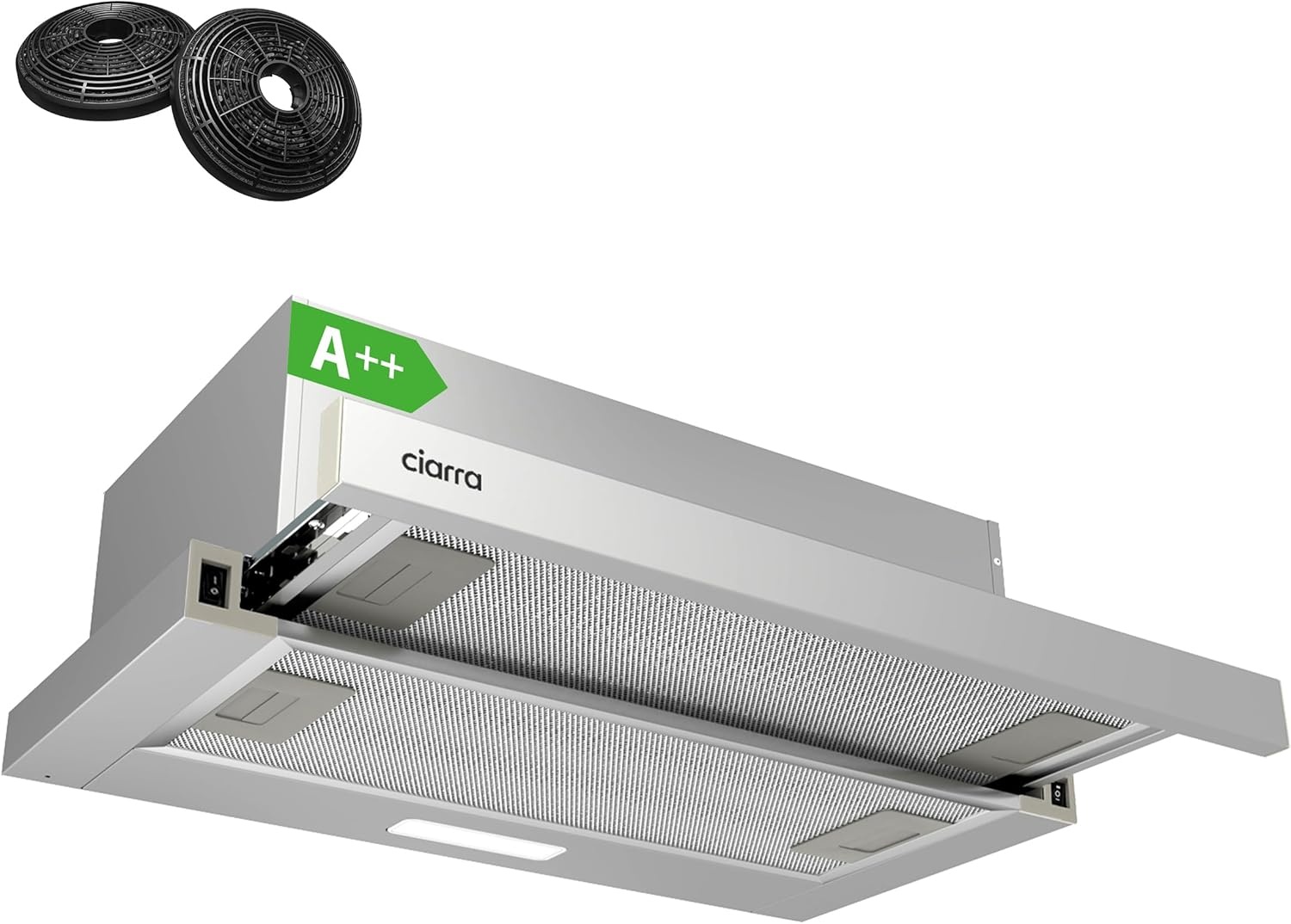 CIARRA AWS6906D A++ platte afzuigkap, afzuigkap, 60 cm convectie, 370 m³/uur, met CBCF002X2 actieve koolfilter, geïntegreerde platte inbouw, afzuigkap, zilver