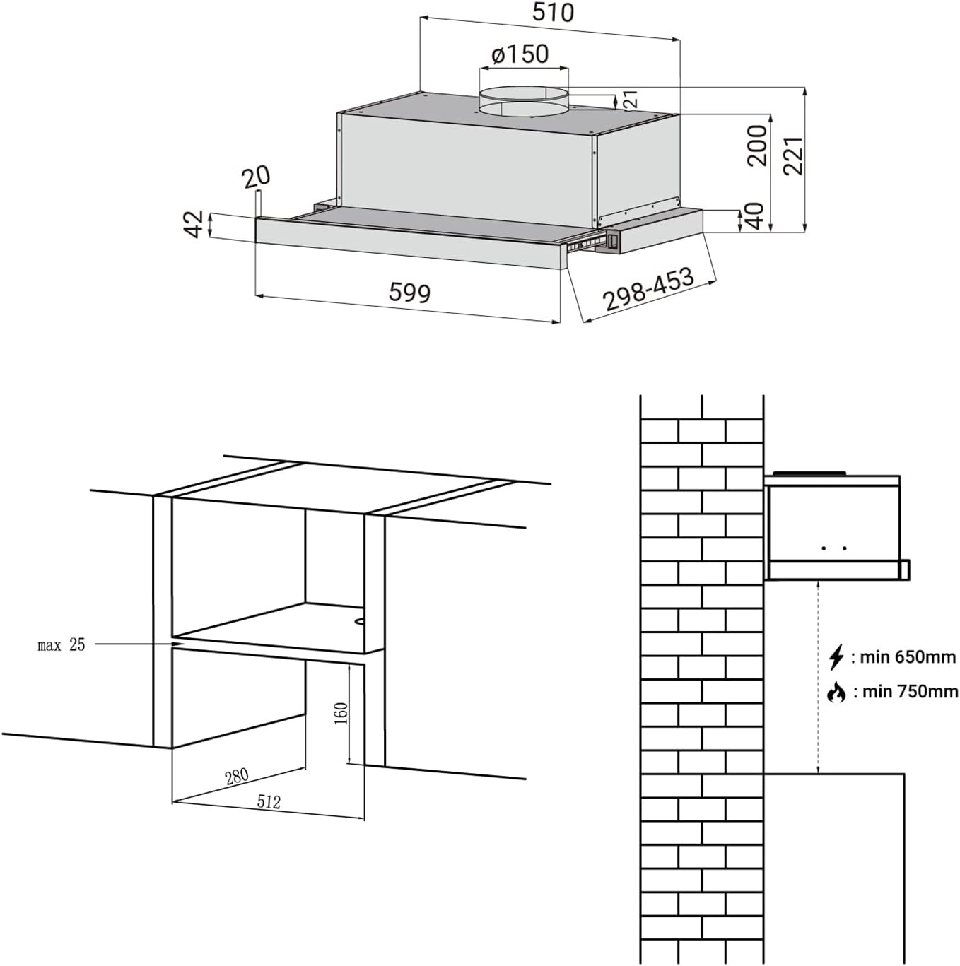 CIARRA AWS6906D A++ platte afzuigkap, afzuigkap, 60 cm convectie, 370 m³/uur, met CBCF002X2 actieve koolfilter, geïntegreerde platte inbouw, afzuigkap, zilver