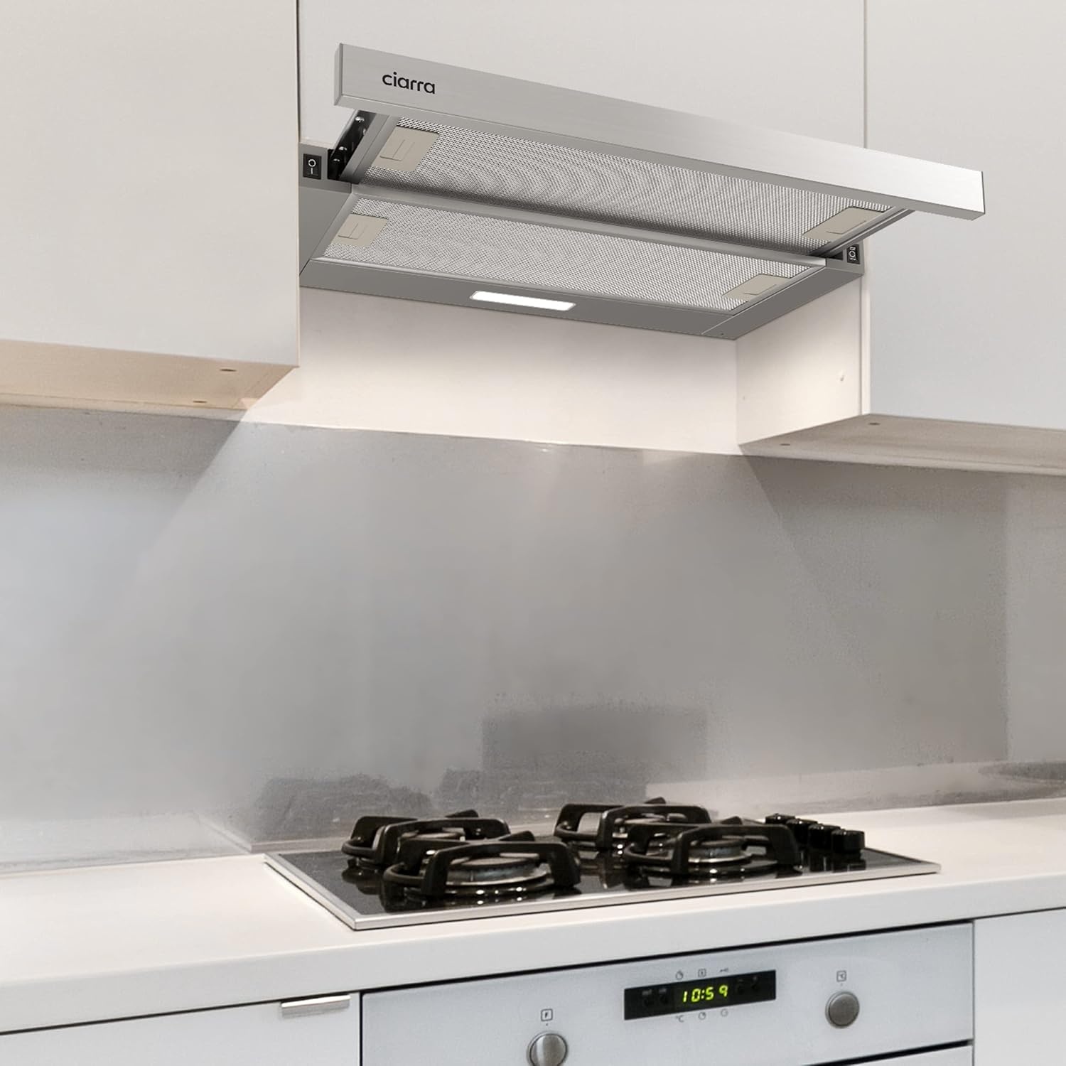 CIARRA AWS6906D A++ platte afzuigkap, afzuigkap, 60 cm convectie, 370 m³/uur, met CBCF002X2 actieve koolfilter, geïntegreerde platte inbouw, afzuigkap, zilver