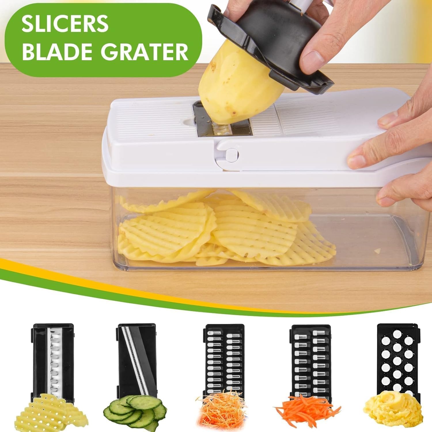 22-in-1 groentehakper, keukenmandoline met 1,2 l container en afvoermand, groentehakper, uienhakper en dobbelsteen, citroenpers, eierscheiding-ultieme keukengadget (wit)