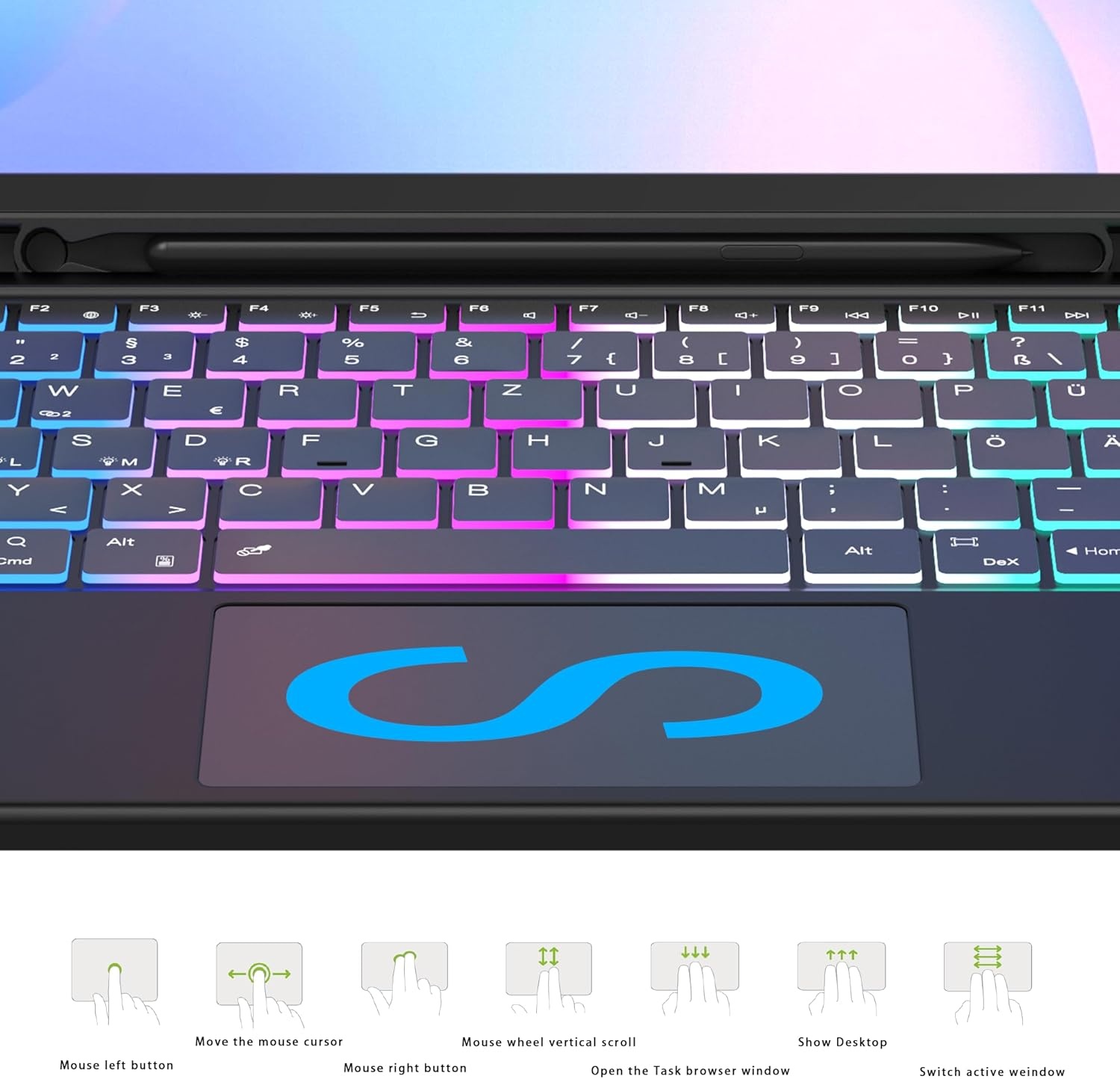 ROOFEI voor Samsung Tab S10 FE+ Plus 13,1 inch hoes met toetsenbord: toetsenbord met touchpad & 3-zozen-7-kleurige verlichting - Galaxy Tab S10 FE+ 5G tablet 2025 draadloze Duitse QWERTZ-lay-out