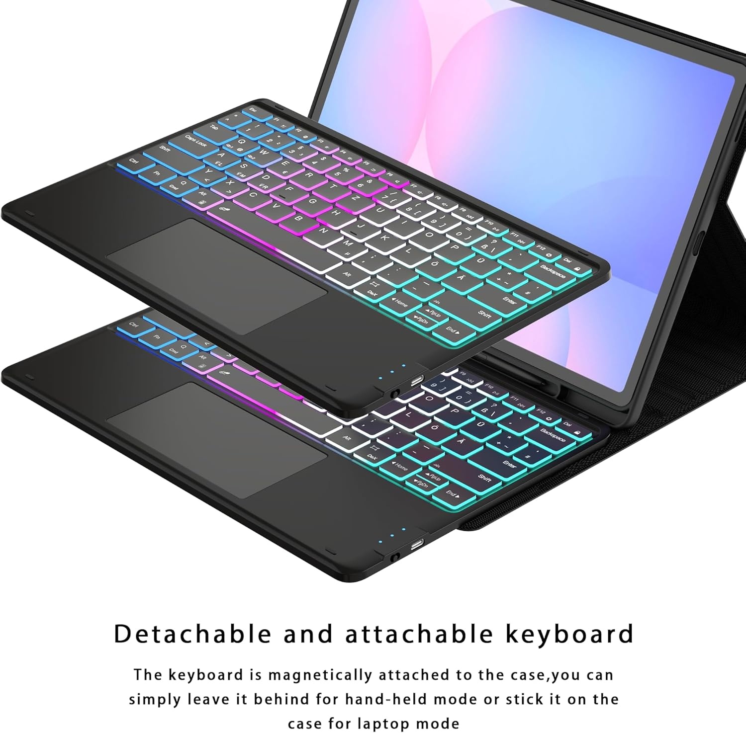 ROOFEI voor Samsung Tab S10 FE+ Plus 13,1 inch hoes met toetsenbord: toetsenbord met touchpad & 3-zozen-7-kleurige verlichting - Galaxy Tab S10 FE+ 5G tablet 2025 draadloze Duitse QWERTZ-lay-out