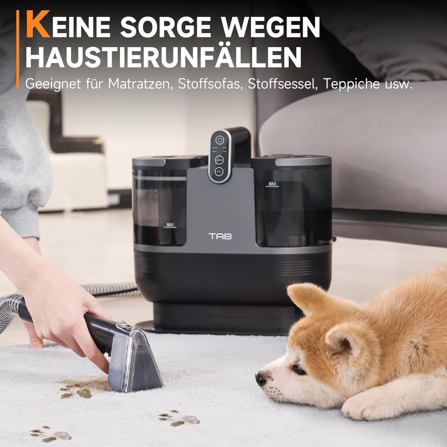 TAB FastHeating Vlekreiniger, voor tapijten, tapijten, trappen, auto's, wasstofzuiger, tapijtreiniger, wassen met heet water, tweetanktechnologie, 14 kPa sterke zuigkracht