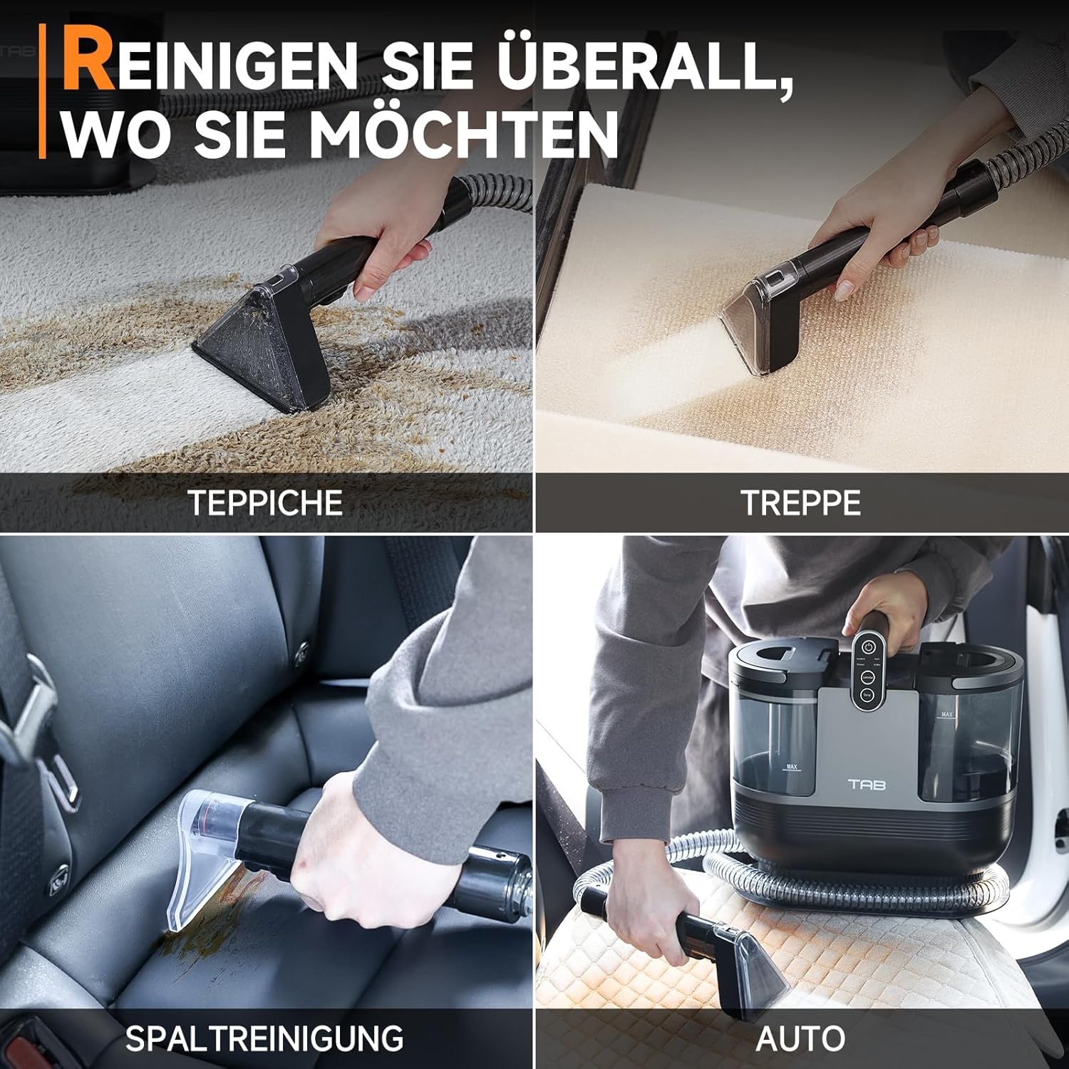 TAB FastHeating Vlekreiniger, voor tapijten, tapijten, trappen, auto's, wasstofzuiger, tapijtreiniger, wassen met heet water, tweetanktechnologie, 14 kPa sterke zuigkracht