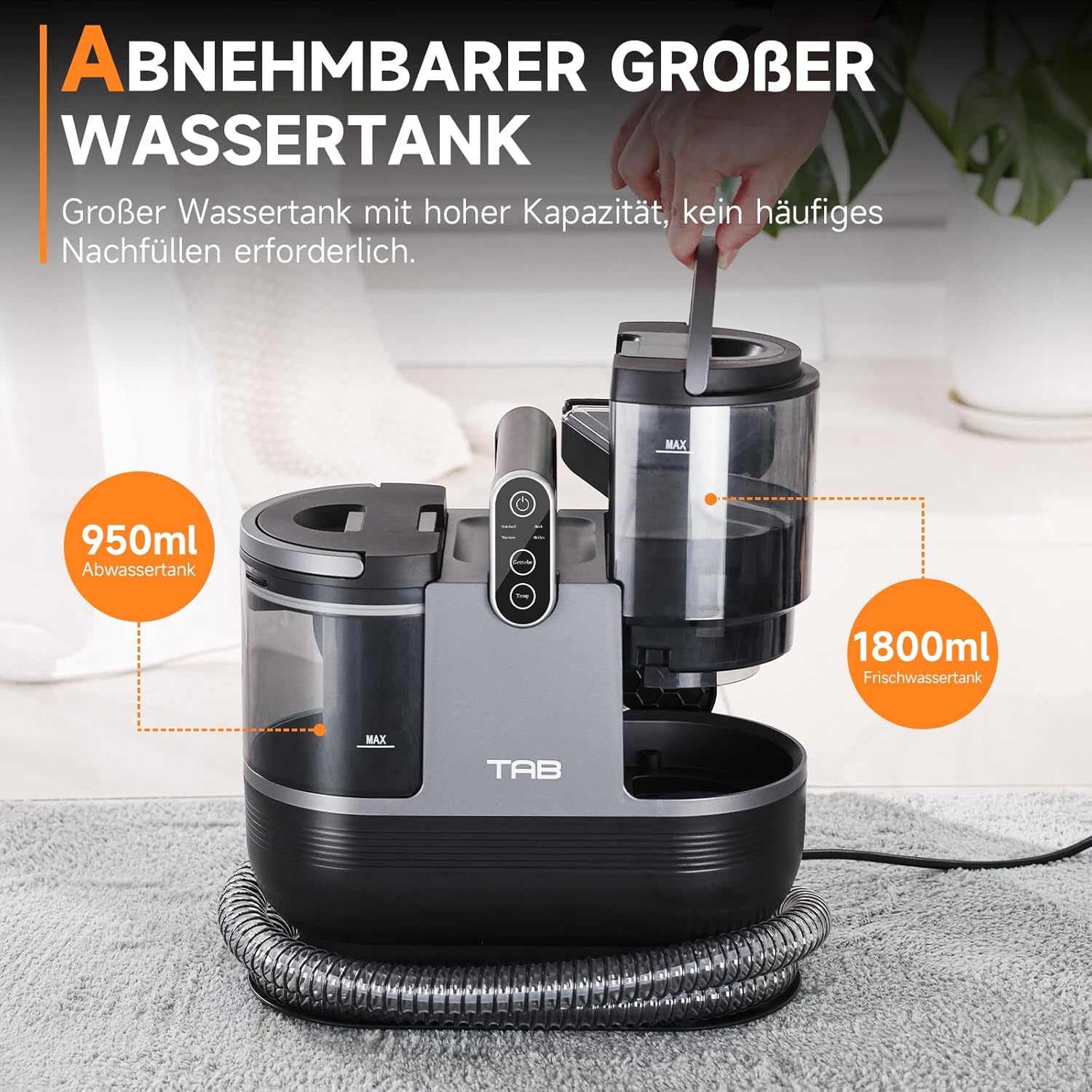 TAB FastHeating Vlekreiniger, voor tapijten, tapijten, trappen, auto's, wasstofzuiger, tapijtreiniger, wassen met heet water, tweetanktechnologie, 14 kPa sterke zuigkracht