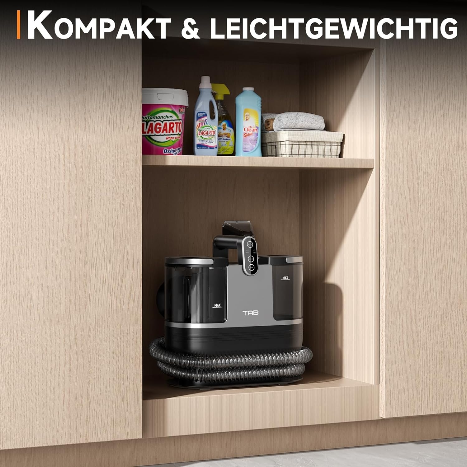 TAB FastHeating Vlekreiniger, voor tapijten, tapijten, trappen, auto's, wasstofzuiger, tapijtreiniger, wassen met heet water, tweetanktechnologie, 14 kPa sterke zuigkracht