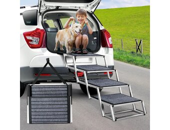 Hondentrap voor grote honden met tapijt, extra breed, 4 treden, hondenhelling, auto, inklapbaar, antislip hondentrap voor vrachtwagens en SUV's, ondersteuning tot 100 kg