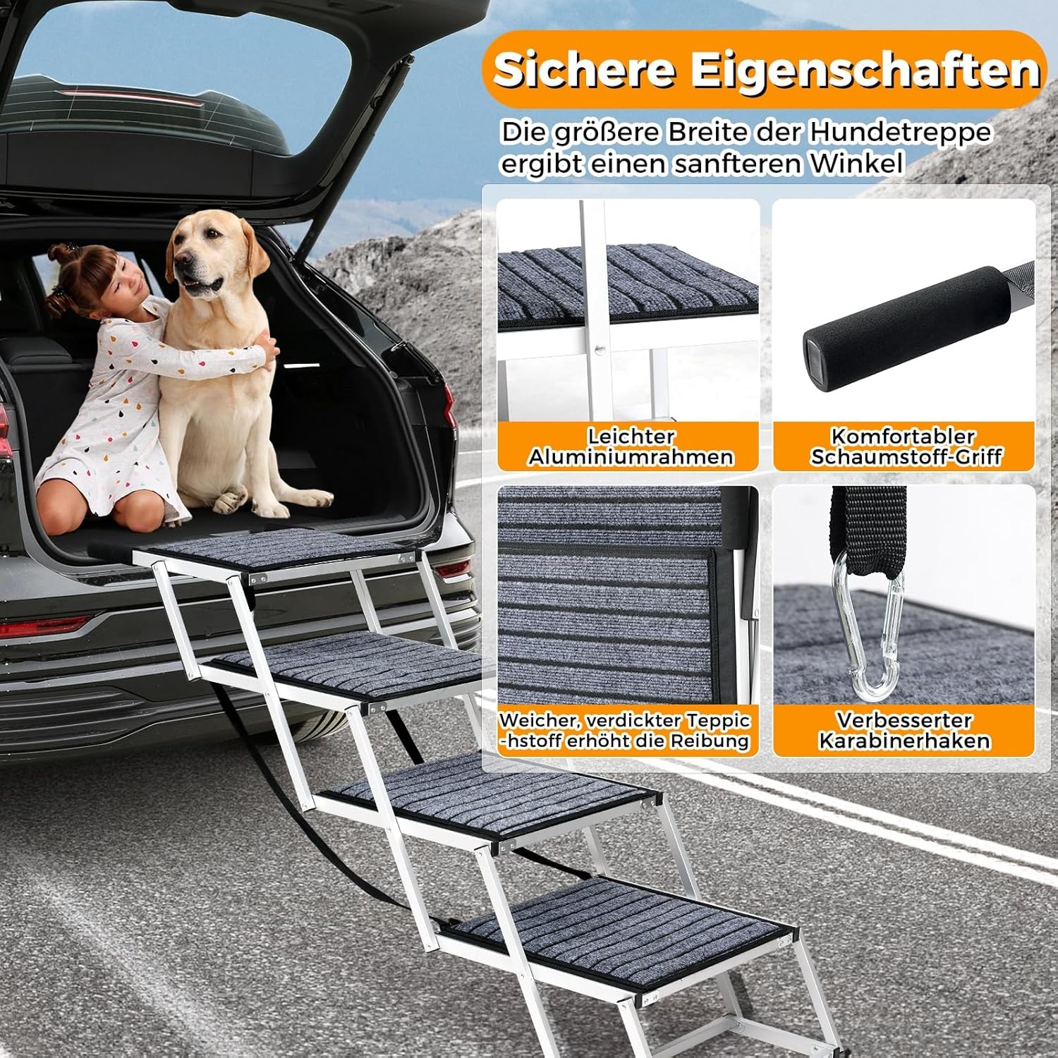 Hondentrap voor grote honden met tapijt, extra breed, 4 treden, hondenhelling, auto, inklapbaar, antislip hondentrap voor vrachtwagens en SUV's, ondersteuning tot 100 kg