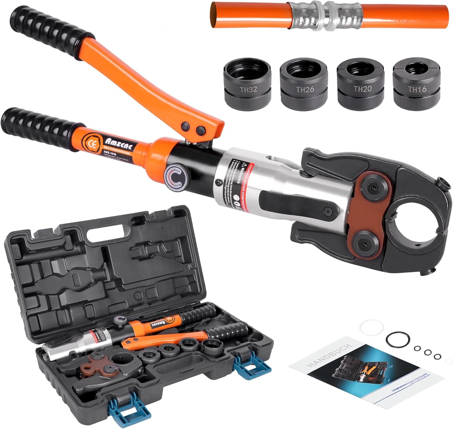 AMZCNC Professionele perstang (hydraulisch) persgereedschap met persbekken, TH-contour 16-20-26-32 set persgereedschap, voor composietbuis met fittingen van TH-contour, bekkeninzetstukken