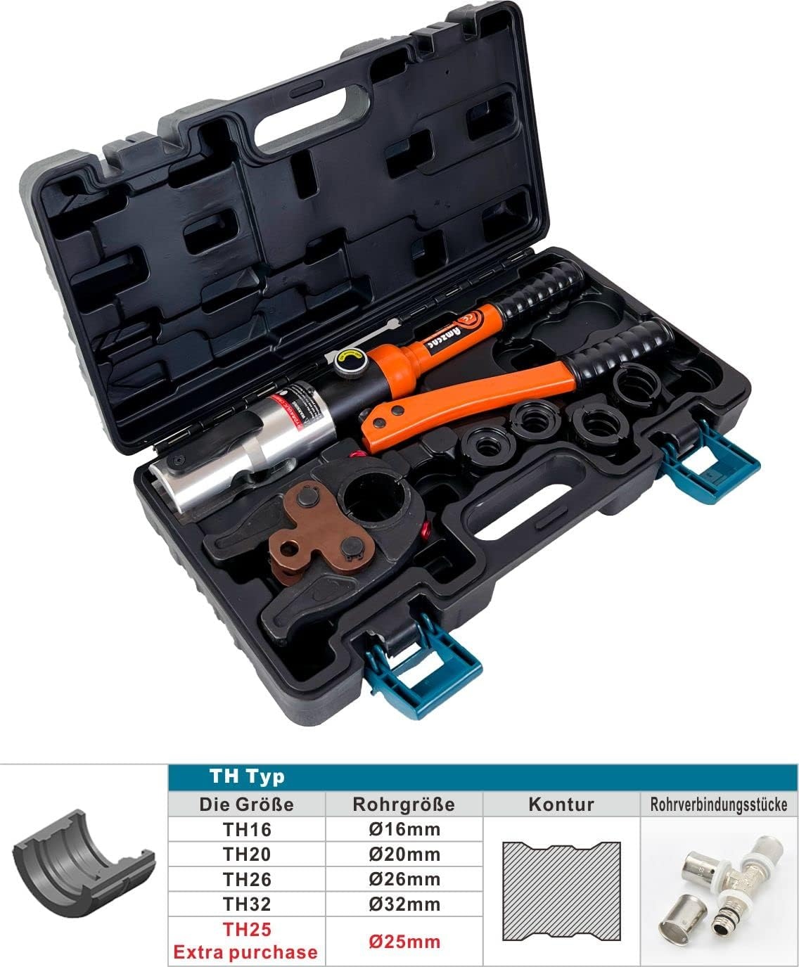 AMZCNC Professionele perstang (hydraulisch) persgereedschap met persbekken, TH-contour 16-20-26-32 set persgereedschap, voor composietbuis met fittingen van TH-contour, bekkeninzetstukken
