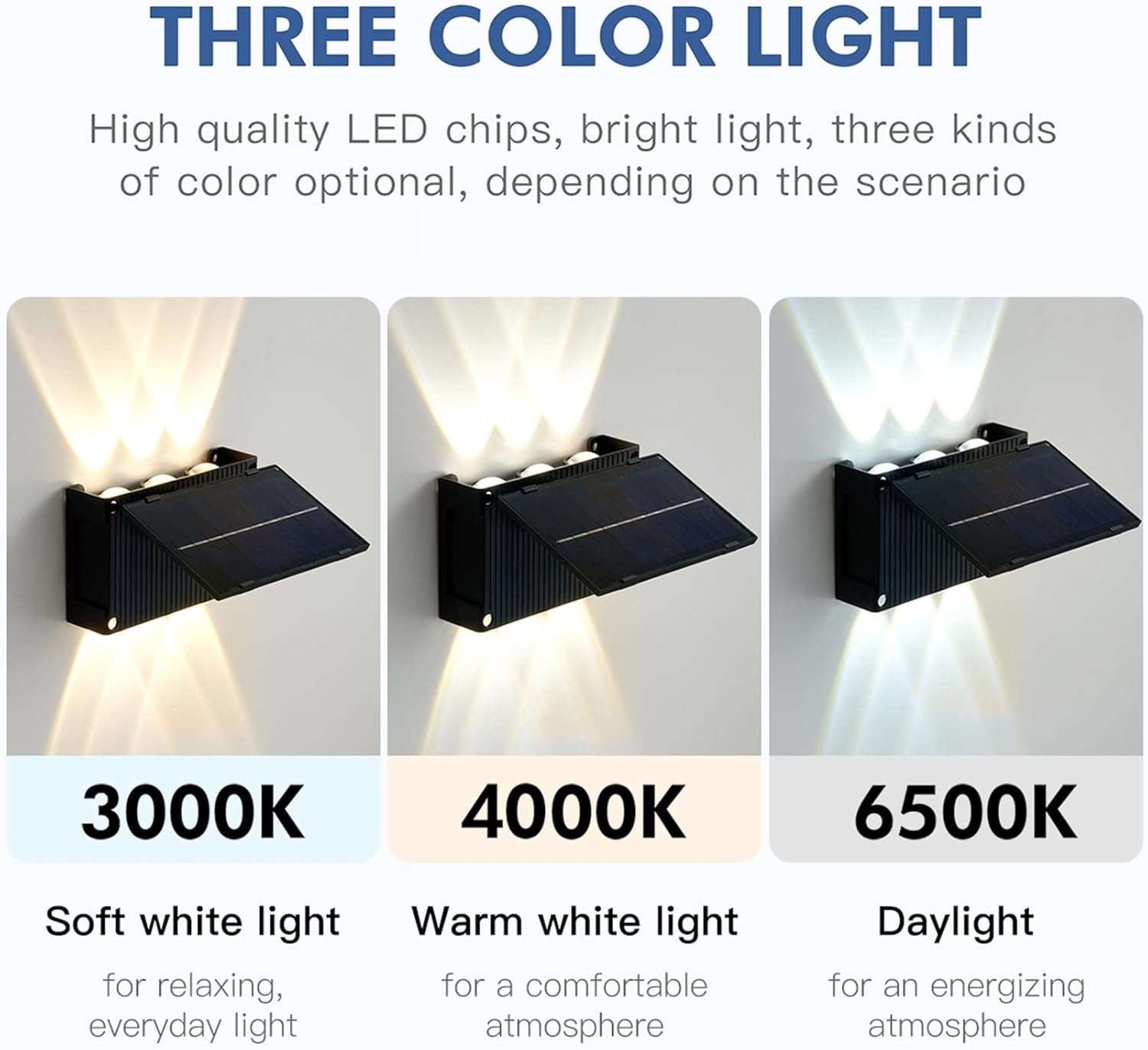 4 stuks zonnelampen, led-buitenverlichting, updown, wandlamp, IP65 waterdicht, instelbaar licht, 3 kleuren en hoek, 180 graden donkerlichtsensor, voor tuin, terras