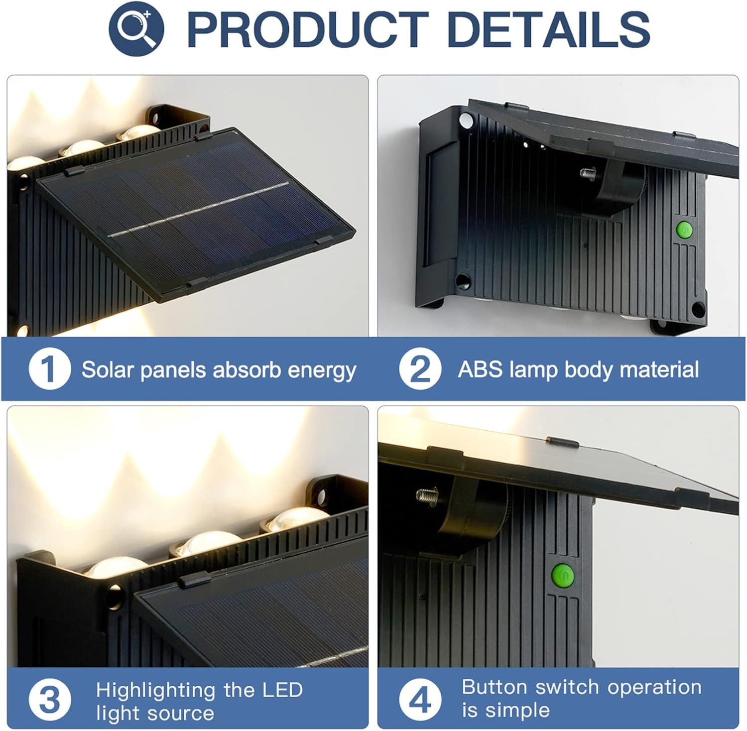 4 stuks zonnelampen, led-buitenverlichting, updown, wandlamp, IP65 waterdicht, instelbaar licht, 3 kleuren en hoek, 180 graden donkerlichtsensor, voor tuin, terras