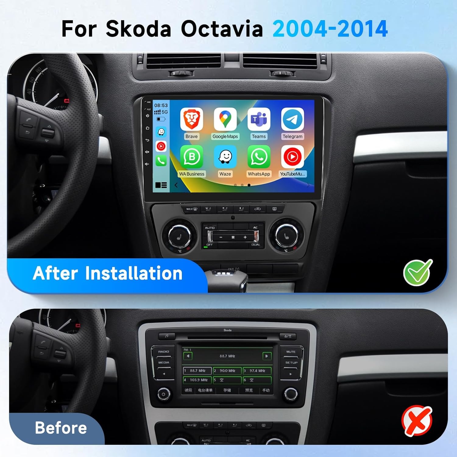 Podofo Autoradio Skoda Octavia (2004-2014) - Android 13 - 30% Korting
