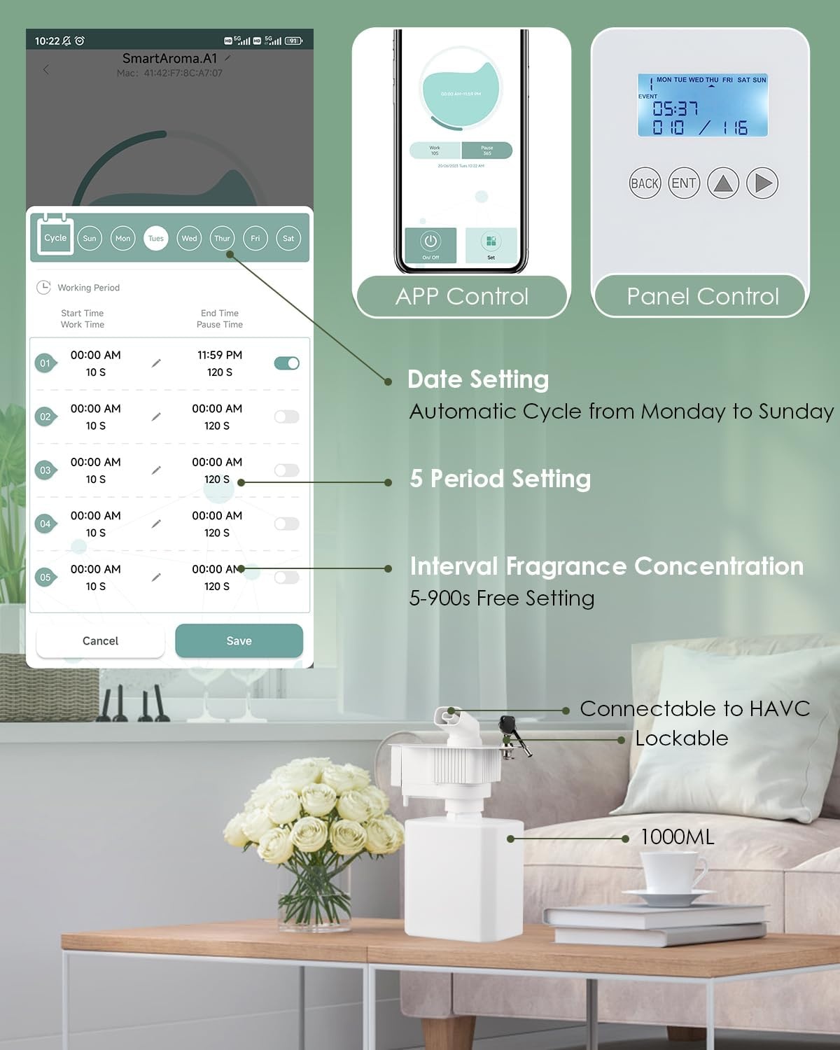 Mxmoonant Geur Diffuser - Wandmontage, 1000ml, App-Bediening, 55% Korting