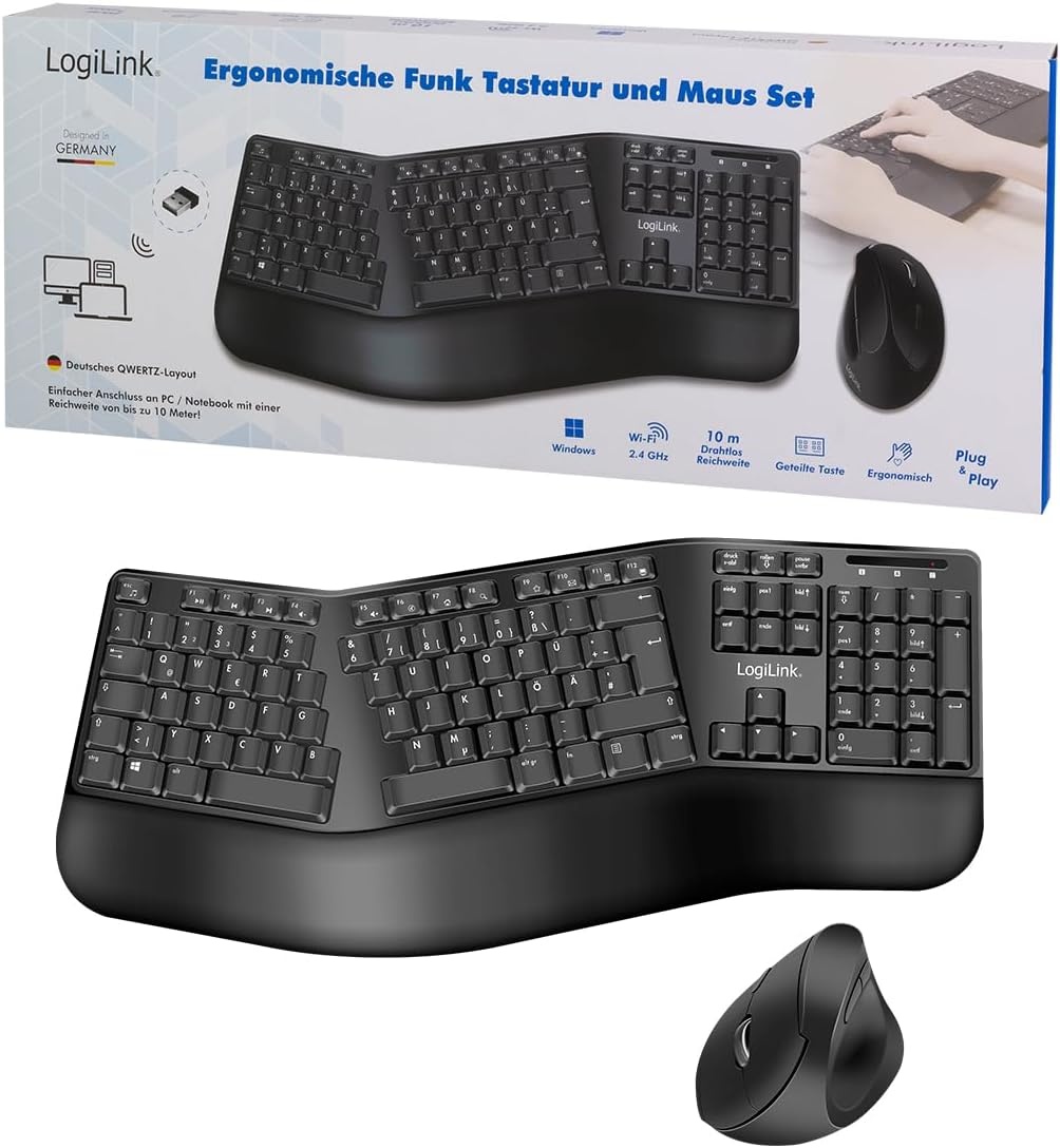 LogiLink Ergonomische Draadloze Toetsenbord-Muis Set - 29% Korting