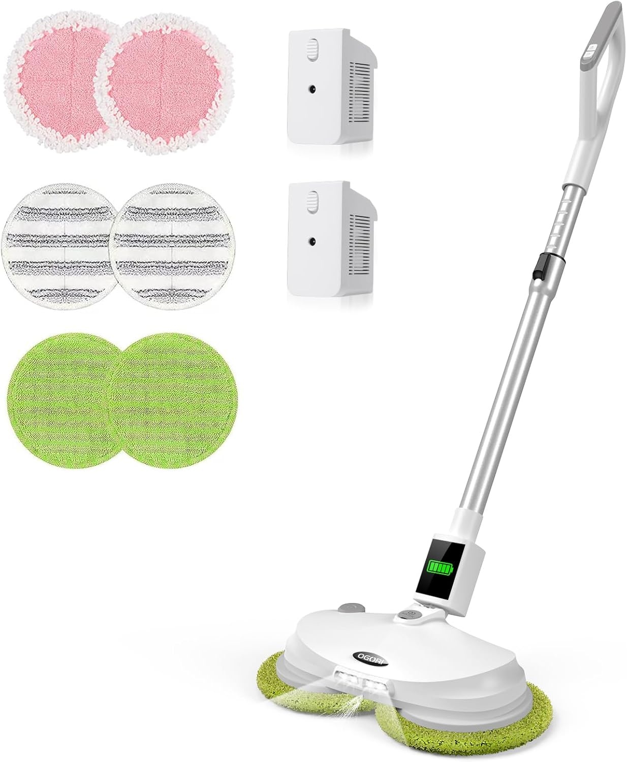 OGORI Elektrische dweil, vloerwisser, elektrisch, draadloos, met sproeifunctie, accu, dweil, polijstmachine + 2 batterijen, 400 ml watertank, led-verlichting, dubbele rotatiemop voor dweilen en