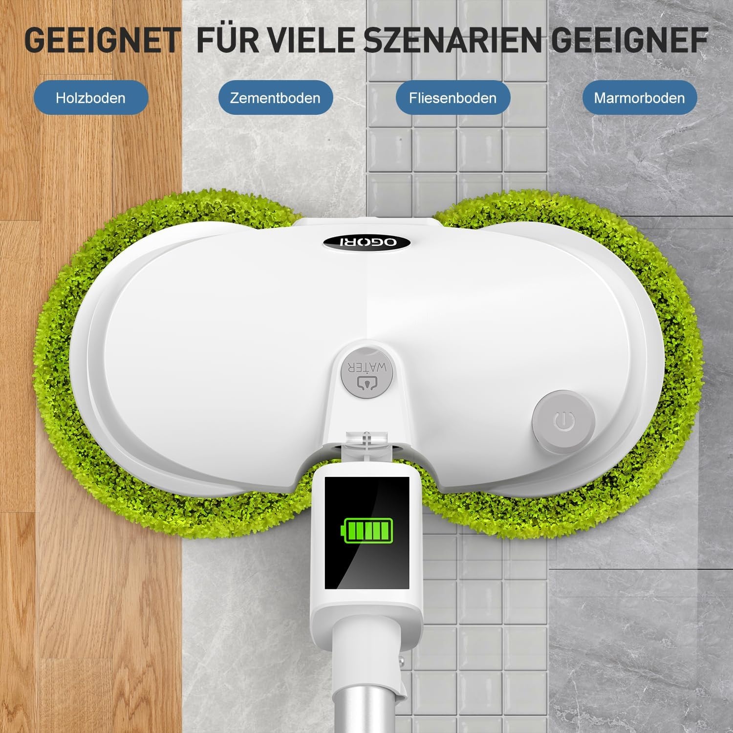 OGORI Elektrische dweil, vloerwisser, elektrisch, draadloos, met sproeifunctie, accu, dweil, polijstmachine + 2 batterijen, 400 ml watertank, led-verlichting, dubbele rotatiemop voor dweilen en