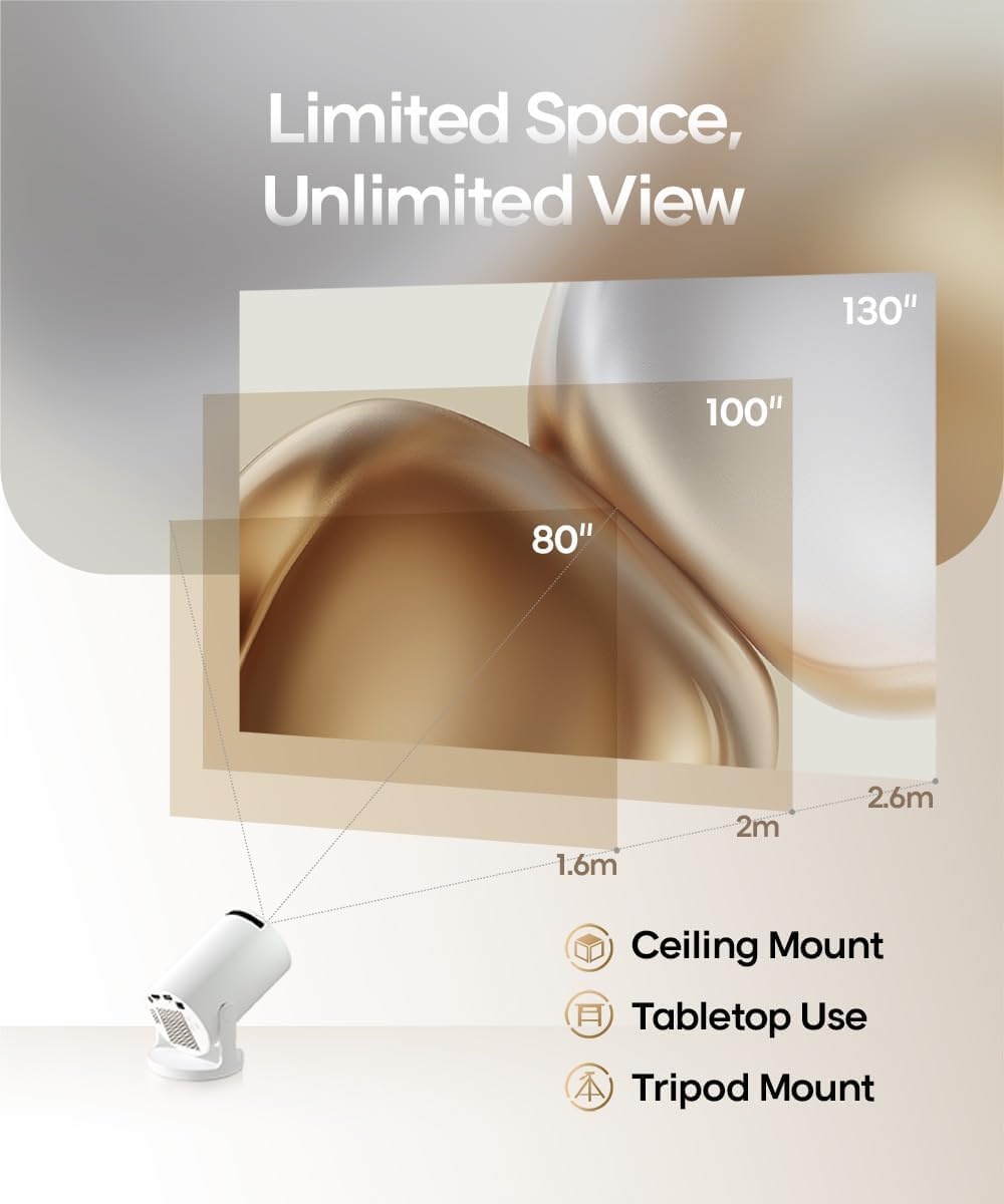 Mini-beamer 4K Ondersteund, Draagbare Projector met WiFi6 en Bluetooth 5.4, Automatische Trapeziumcorrectie, 180 Graden Draaibaar, 1080P Smart Beamer Thuisbioscoop/Outdoor Projector