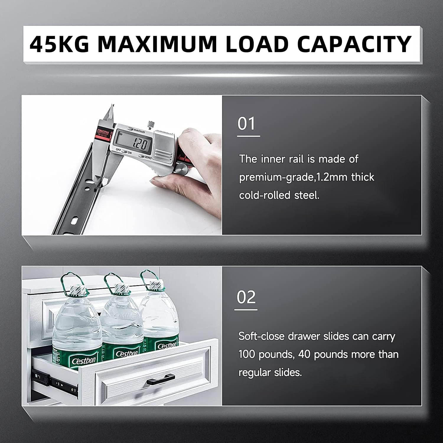 AOLISHENG Soft Close Ladegeleiders 350mm Zwart Volledig Uitschuifbaar Zware Kwaliteit 45kg Draagvermogen (1 Paar)