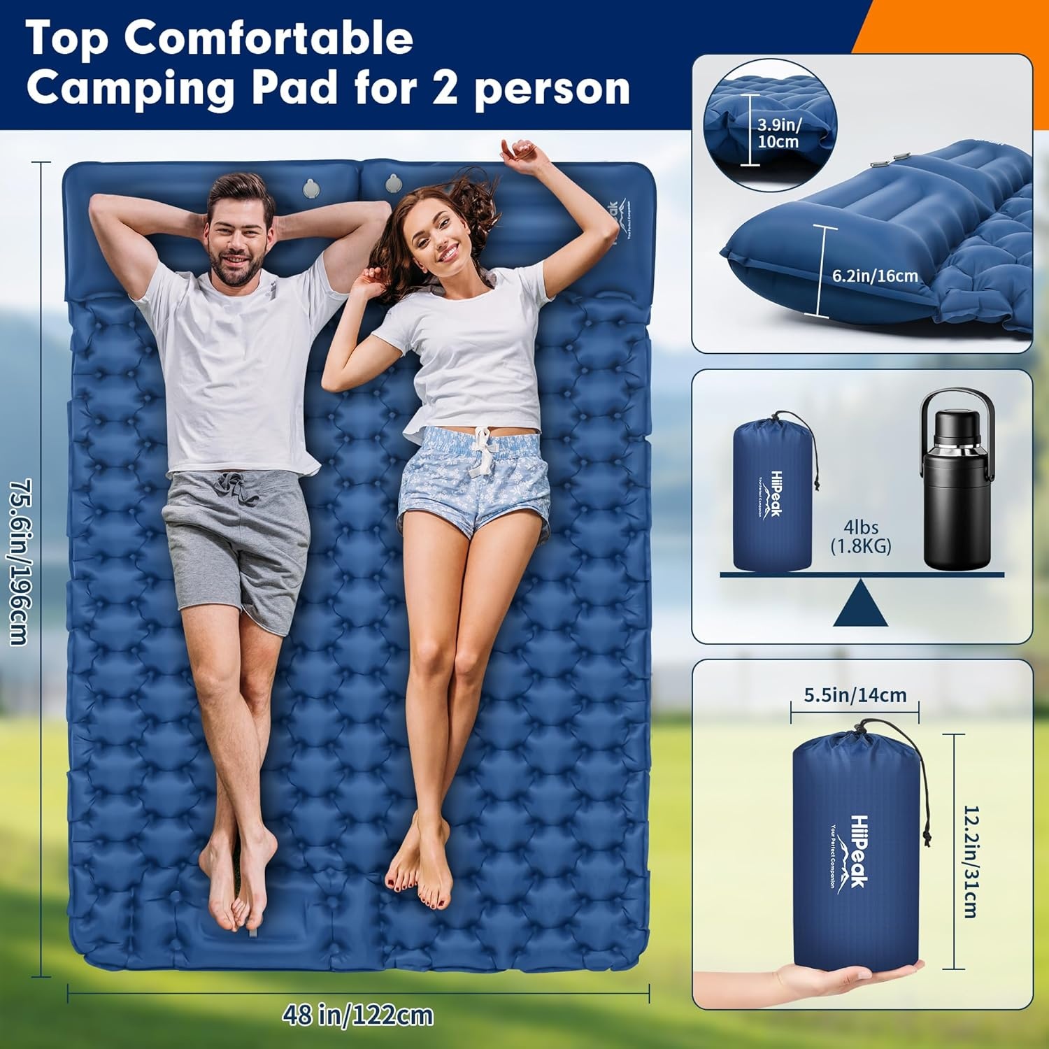 HiiPeak Zelfopblazende slaapmat voor 2 personen, 120 x 200 cm, luchtmatras, camping, dubbele isolerende campingmat voor tent, ultralicht, met hoofdkussen
