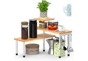 Kruidenrek, keuken, hoekrek, staand hout, keukenorganizer, opbergspikes zonder boren, met haken