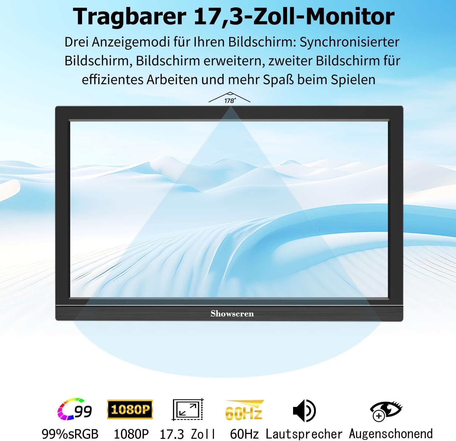 Draagbare monitor 17,3 inch, 1920 x 1080p, 60 Hz, 99% sRGB, HDMI USB-C draagbare monitor, uitgebreid computerscherm met luidspreker, compatibel met telefoon, laptop, Raspberry Pi, Xbox, PS4