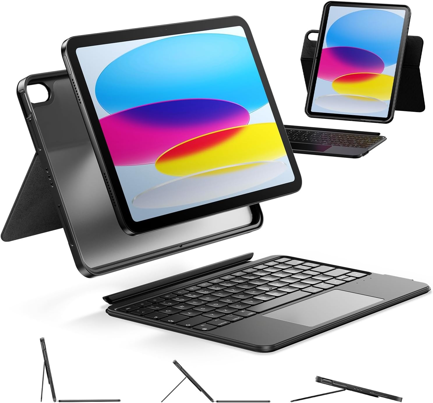 HOU iPad 11. A16/10e generatie case met toetsenbord, draaibaar en afneembaar toetsenbord voor iPad 11"/10, elastische penhouder, volledige beschermhoes, 7-kleuren achtergrondverlichting, multi-touch