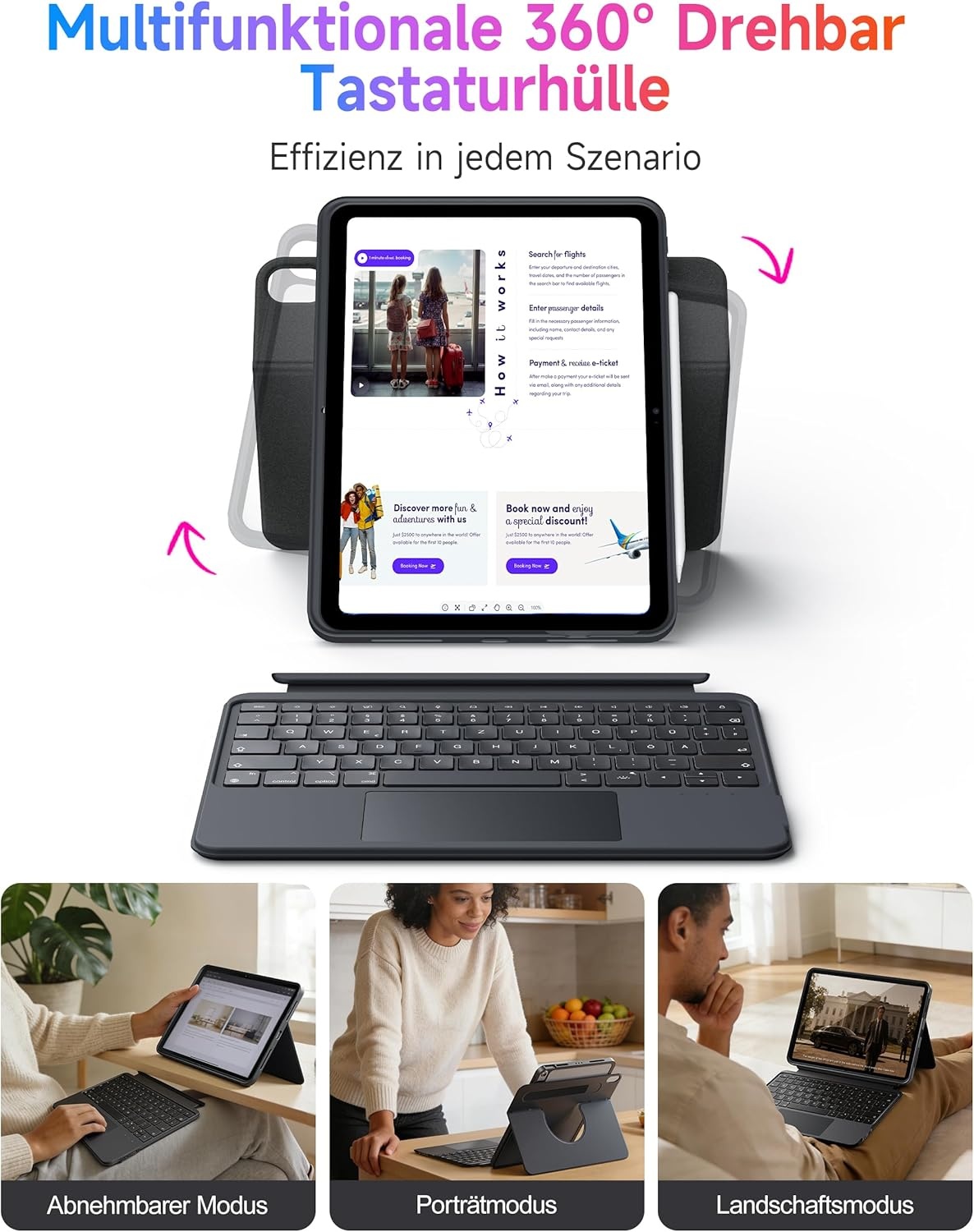 HOU iPad 11. A16/10e generatie case met toetsenbord, draaibaar en afneembaar toetsenbord voor iPad 11"/10, elastische penhouder, volledige beschermhoes, 7-kleuren achtergrondverlichting, multi-touch