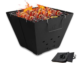 Snowpea Draagbare vuurkorf voor kamperen, inklapbare buitenvuurplaats, opvouwbaar met draagtas, ijzeren kom voor picknicks, vreugdevuur, patio, achtertuin en tuin - top grill, zwart (FP-01)