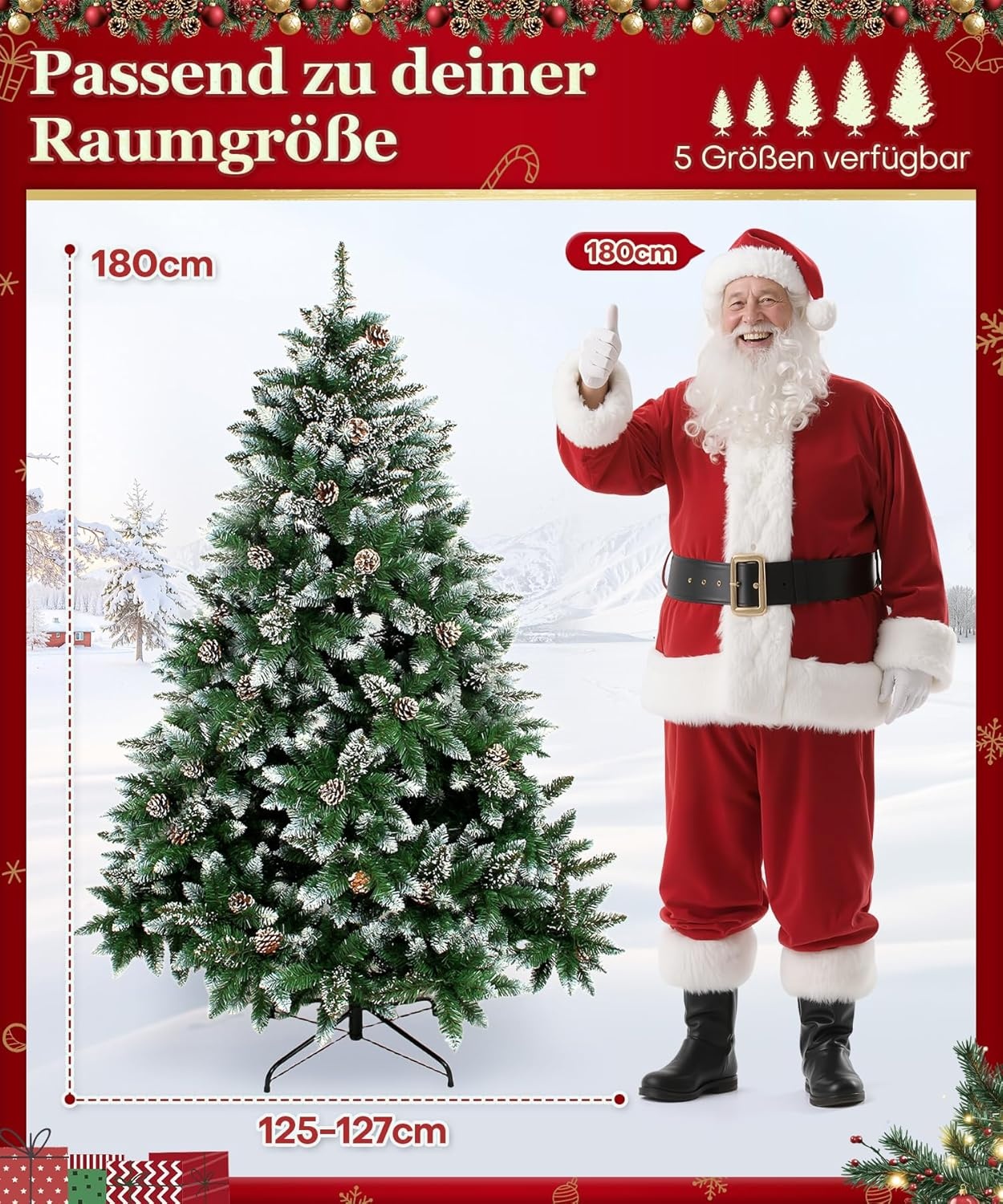 Yorbay Kerstboom Spar met Standaard 120cm-240cm voor Herbruikbare Kerstversiering (Kerstboom met Sneeuw, 180cm)