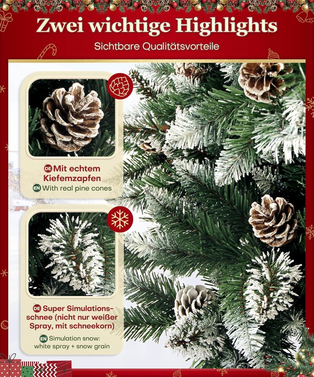 Yorbay Kerstboom Spar met Standaard 120cm-240cm voor Herbruikbare Kerstversiering (Kerstboom met Sneeuw, 180cm)