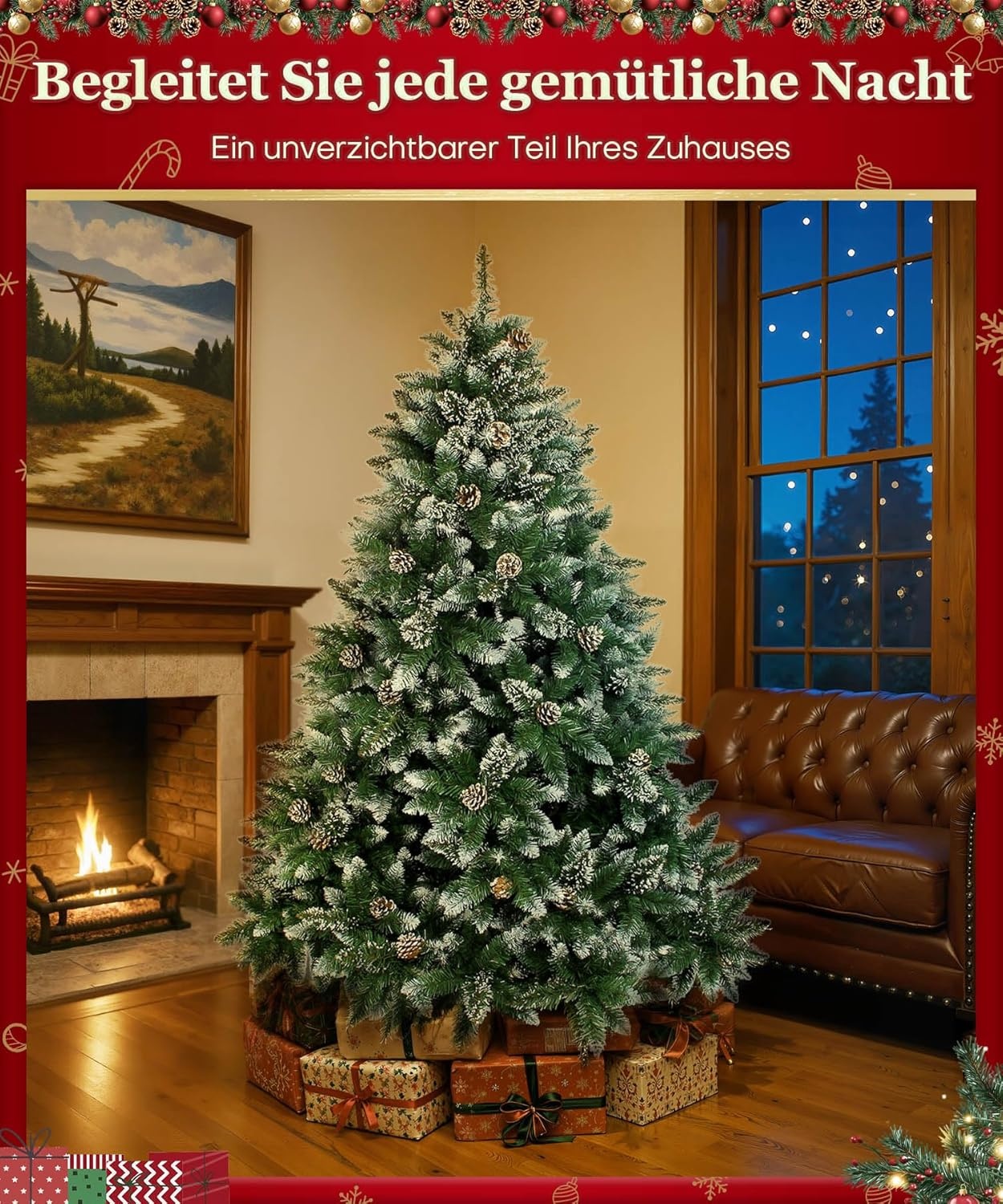 Yorbay Kerstboom Spar met Standaard 120cm-240cm voor Herbruikbare Kerstversiering (Kerstboom met Sneeuw, 180cm)