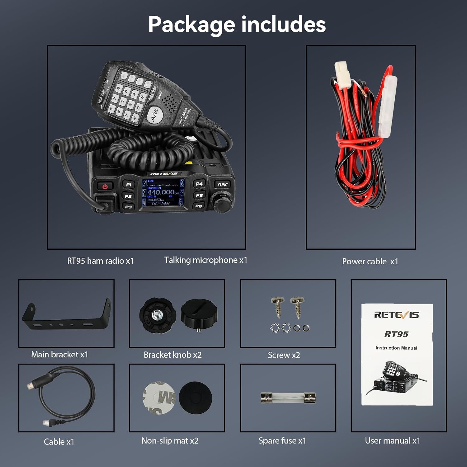 Retevis RT95 Mini Dubbele Band Mobiele Radio 25W 200 Kanalen Amateur Radio DTMF 5Tone Walkie Talkie Car Transceiver met Programmeerkabel (Zwart)