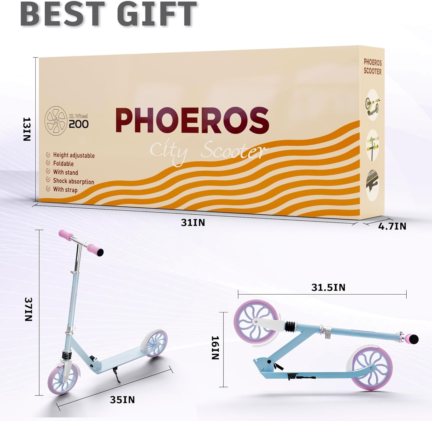 PHOEROS Kick Scooter voor kinderen van 6-12 jaar, tieners en volwassenen, jeugd. Lichtgewicht aluminium step voor tieners volwassenen jongens meisjes met 20,3 cm grote wielen, opvouwbaar, 3 in hoogte