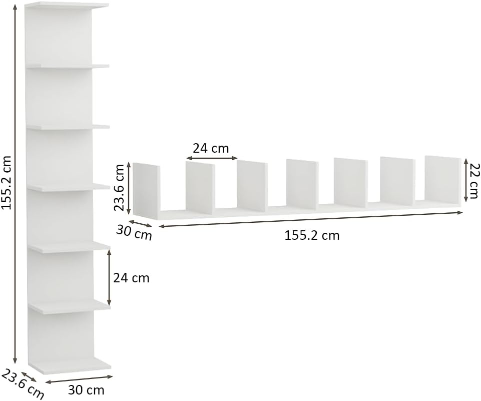 Boekenkast Wandplank, Aan Muur Gemonteerde Plank, Legplanken, Zwevende Planken, Boekenkast, Opbergplanken voor Slaapkamer, Woonkamer, Badkamer, Keuken, Bureau, 7 planken, Wit
