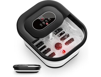 COMFIER Voetbubbelbad met massage en verwarming, opvouwbaar apparaat, vibratie en bubbels, timer, pedicure puimsteen, 35-48 °C, 8 shiatsu-wielen (zwart)