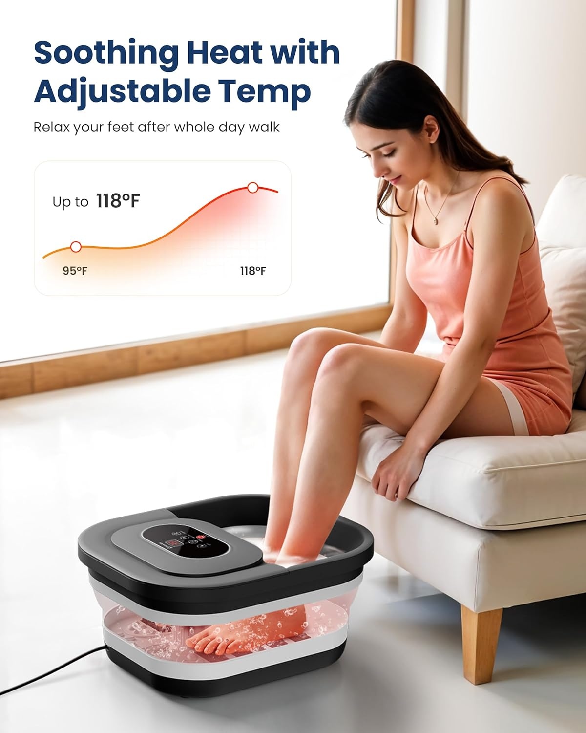 COMFIER Voetbubbelbad met massage en verwarming, opvouwbaar apparaat, vibratie en bubbels, timer, pedicure puimsteen, 35-48 °C, 8 shiatsu-wielen (zwart)